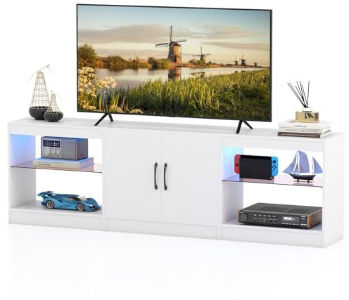 Multigot TV Stand Cabinet for TVs up to 85 Inches, 3 Pieces Modular Console TV Unit with LED Lights, Adjustable Glass Shelves & Cabinet, Free Combination Media Stand Entertainment Center (White)