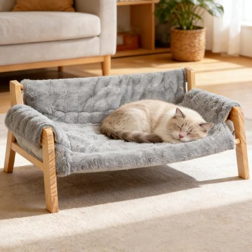 MAIJIAJU Stor kattsäng, fluffig kattkudde, plysch, mjuk kattsoffa, upphöjd hundgrotta med avtagbar tvättbar kudde, 69 x 47 x 30 cm, kattsängar, kan belastas med 15 kg för katt hundar