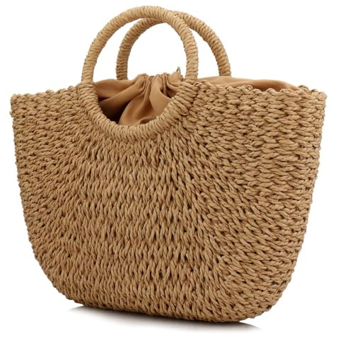 Kwolf Large Tote Bag Straw Woven Stripes Retro Summer Beach Bag Beach Bag for Women Hand-woven Round Handle (Brown)