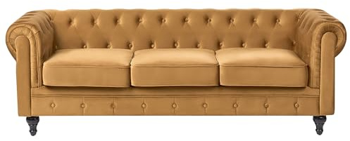 Sofá 3 plazas Chesterfield tapizado en tela de terciopelo amarillo patas de madera oscura estilo contemporáneo Chesterfield
