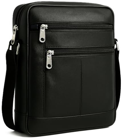 ODS:UK Real Leather Man Bag Mens/Ladies Unisex Shoulder Bag Cross Body Messenger Bag Travel Holiday Mobile Phone Organizer (Black - Style 3)