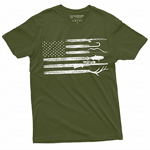 Men's Hunting Fishing Shirt USA Flag Nature Camo Shirt Father Gift Ideas Patriotic Tee (X-Large Military Green)