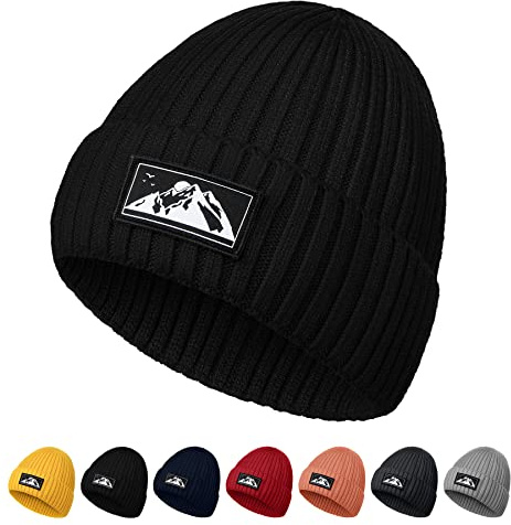 Gebell Men's Beanie Hat - Winter Knitted Beanie Hat Thermal Beanie Warm Soft Knit Cuffed Hat Classic Slouch Beanie for Men Black