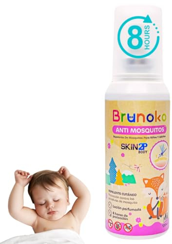 Antimosquitos Bebé Loción Anti-Mosquitos y Anti Chinches - Apta para cuerpo y cara de infantes, 8 horas de protección contra mosquito tigre (aroma cítrico floral) - Brunoko & PSA Skin 2P