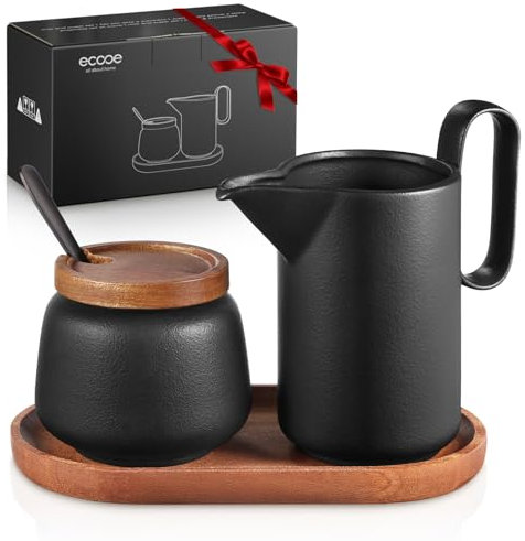 ecooe Set de lait et de sucre – Pot à lait noir en céramique et sucrier, avec couvercle et cuillère en métal, sucrier Barista avec plateau en bois, pot à crème en céramique