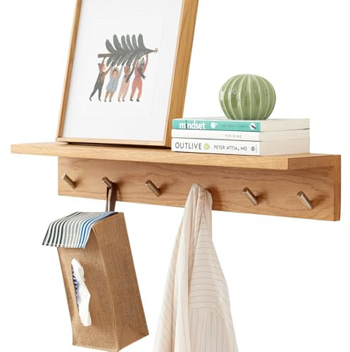 Rsuwiz Wall Hooks with Shelf Oak Wood Coat Rack Shelf Wall Mounted, Entryway Shelves with 6 Metal Hangers for Clothes Hats Towel for Bathroom, Bedroom, Living Room (Natural, 27.5 inches)