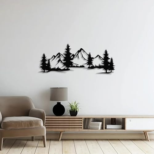 NORTH KAISER Decoración Pared Metálica | Arte Mural Silueta Bosque & Montaña | Escultura de Pared Grande Para Sala De Estar, Dormitorio, Oficina (Negro, 180 x 69 ​​cm)