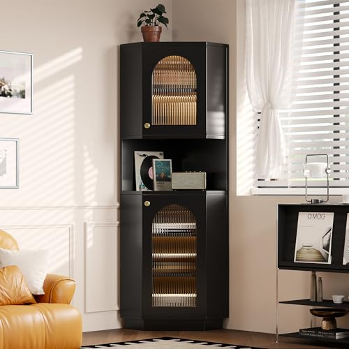 Merax Meuble de coin avec éclairage LED - Étagère d'angle avec 2 compartiments de rangement, meuble de salle de bain avec étagères réglables, pour salon, salle de bain, Noir, 45x45x166,5 cm