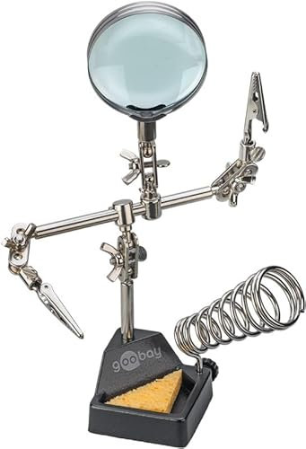 goobay Tercera mano con lupa 2,5x y soporte para soldador, herramienta de soldadura con pinzas ajustables, lupa de 60 mm, base de hierro fundido, para electrónica y bricolaje, 76560