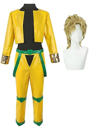 Jilijia Dio Brando - Disfraz de cosplay de anime con máscara de piedra, traje de uniforme con peluca, conjunto completo de abrigo amarillo, pantalones para fiesta de Halloween