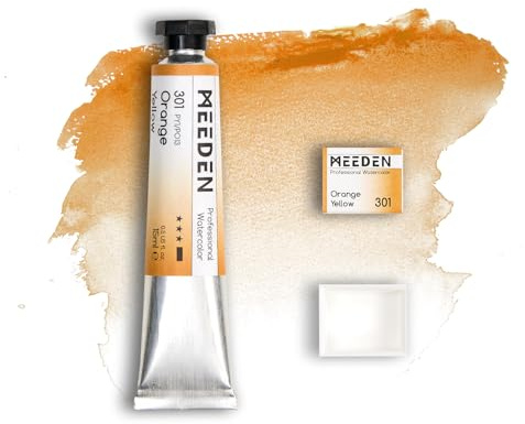 MEEDEN Professionell Akvarellfärg: Orange Gul – 15 ml tub, halvfuktig pigmenthalvpanna med matchande tom halvpanna för proffs