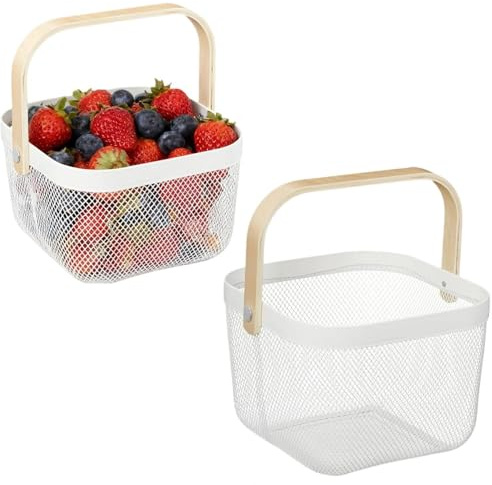 Korb mit Henkel 2er Set, Drahtkorb Metallkorb, Erntekorb Treppenkorb Eisen, kleiner Obstkorb hängend Körbe Küche Bad Garten18 x 24,5 x 24,5 cm,2 Stück (Weiß)