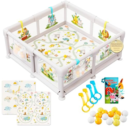 Parque Infantil Bebé 150x150cm Ilustraciones, Corralito Acolchado con Esterilla Reversible, Libro Sensorial, Bolas de Colores y Anillas de Sujeción