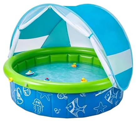 Pataugeoire - Piscine Gonflable | Tente Plage Bébé avec Abri Solaire Anti-UV & Moustiquaire | Bassin Pliable pour Au Jardin, Cadre Piscine Rigide Nomade Extérieur Destiné Aux Tout-