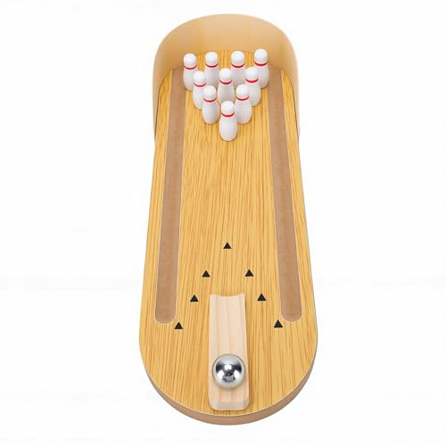Ejoyous Mini Jeu de Bowling de Table en Bois, Piste de Bowling, 30 X 10 Cm, Sport Compact avec 10 Quilles et Boule en Métal pour Le Bureau, la Maison, Les Adultes et Les Adolescents