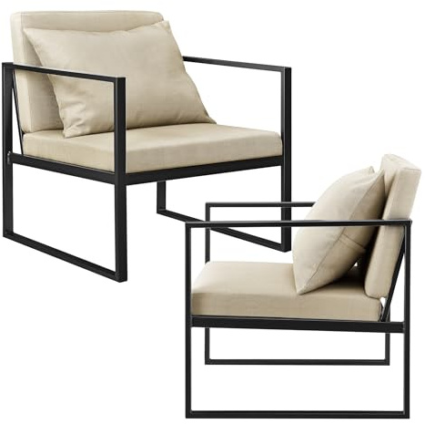 [en.casa] Set di 2 Poltrone da Sala con Telaio Quadrato in Ferro Schienale e Sedile Imbottiti Rivestimento in Tessuto Sedie con Cuscino e Braccioli per Soggiorno - Beige