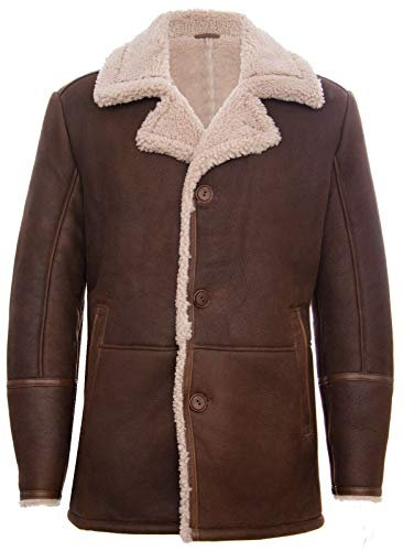 Infinity Leather Herren Braun German Classic Echtes Schaffell Lammfell Leder Cromby Jacke Mantel L
