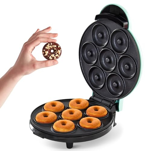 Dash Express Mini Donut Maker - Homemade Dessert Maker - Features Double-Sided, Non-Stick Surface & Space-Saving Design - Makes 7 - Aqua