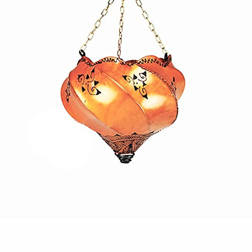 ARTIGIANATO VULCANO Lampadario lampada marocchina in ferro e pelle decorata con hennè per soggiorno, camera da letto cm30*30*h30