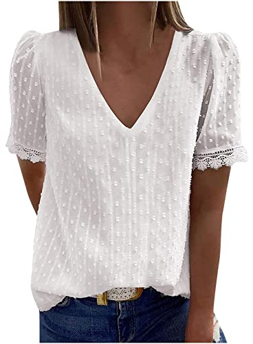 2023 Camiseta Manga Corta Mujer, Verano Moda Color sólido Blusa Camisa Cuello en V Encaje Basica Camiseta Suelto Tops Casual Fiesta Elegante Cómodo T-Shirt Original tee