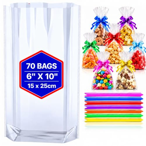 Maara Cellophane Bags, Pack of 70 (6X10/15X25cm) Clear Cellophane Sweet Bags, Cookie Bags With Pull Bows, Plastic Gift Bags For Sweets, Flat Bottom Clear Party Treat Bags