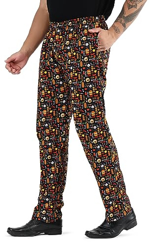 Pantalón de cocina para hombre y mujer, estampado, 100 % algodón, con cordón, para gastronomía, panaderos y profesionales culinarios, M