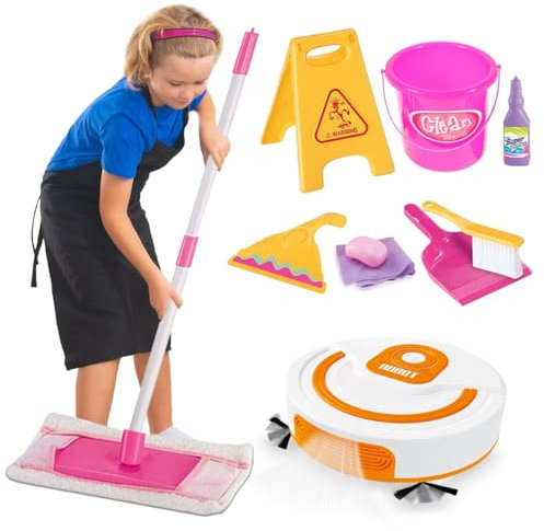 Koolbitz Cleaning Set for Kids 10PCs Toy Playset with Simulation Automatic Vacuum Robot, Mop, Brush & Realistic Cleaning Tools for Toddlers Age 3+ Fun Role Pretend Play