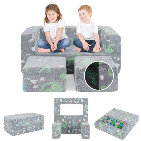 COSTWAY Canapé Enfant 2 Places Lumineux (Brillant dans Le Noir) avec Motif Dinosaure, Fauteuil Enfant Convertible en Tissu avec Housse Lavable, Canapé Modulaire Phosphorescent pour 3 Ans+
