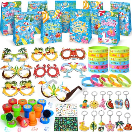 Fete Piscine Cadeau Anniversaire Enfants Invites avec Sac Cadeau Lunettes Bracelets Porte-clés Tatouage Tampons, Jeux de Plage Vacances Ete Goodies Hawaii Petit Jouet Pinata Anniversaire Fille Garcon