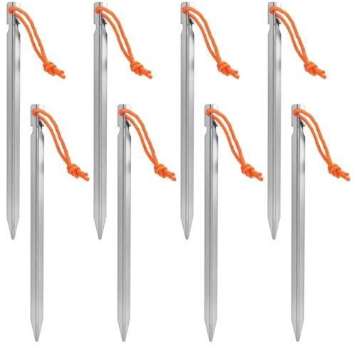 SIRLOMU 8 Estacas de Aluminio Fuerte para Tienda con Cuerda Reflectante, Ganchos y Clavos, Estacas de Arena para Terreno Duro, Estacas de Camping para Tienda y Toldo (18cm) (Rojo)