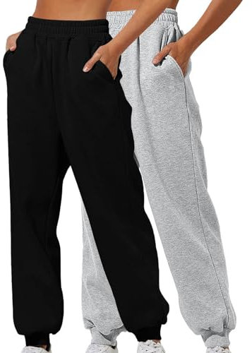 XCXC 2er-Pack Damen Jogginghose mit Cinch-Bottom und Taschen Frauen Einfarbiger Trainingsanzug Baggy Hose mit elastischer Taille für Lässiges Hip-Hop, Fitnessstudio und Joggen