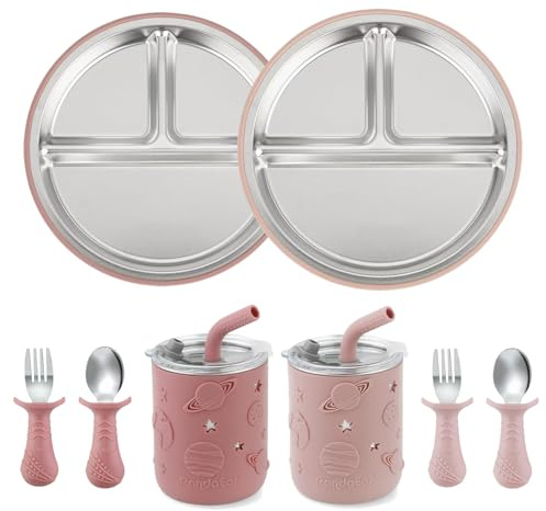 PandaEar Set de Alimentación Bebé Acero Inoxidable | 2 Platos con Ventosa, 2 Vasos Antiderrames con Pajita y Fundas de Silicona, 2 Tenedores y 2 Cucharas | Sin BPA (Rose)
