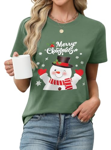heekpek Camisetas Manga Corta Mujer de Navidad Básica Roja Verde Camiseta Algodón Cuello Redondo Casual Camisetas de Mujer Estampado Tshirt, Verde Muñeco de Nieve, XXL