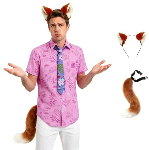 Camicia da uomo Nick Wilde con cravatta in peluche con coda di orecchie e maglietta stampata hawaiana per Halloween, carnevale, eventi, volpe, rosa, S