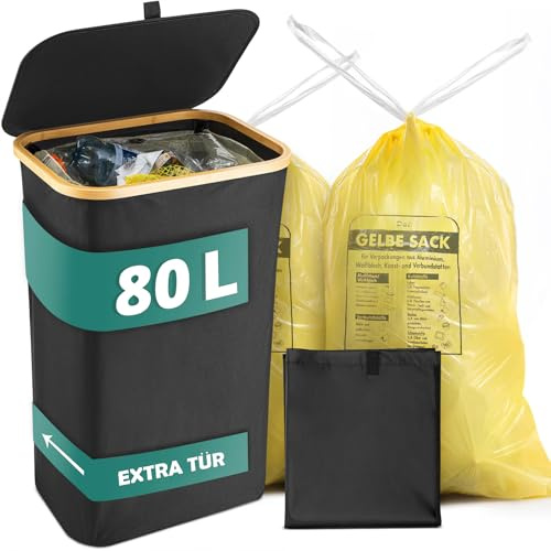 Gelber Sack Ständer 80L schwarz I Waschbare Innentasche I Leichte Entnahme durch Tür auf der Rückseite I Extra für gelbe Säcke I Mülleimer I Behälter für Küche & Haushalt I Stabiler Müllsackständer