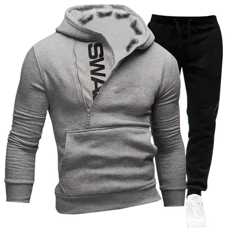 Fulidngzg Tuta Uomo Completa Invernale Caldo Set 2 Pezzi con Felpa con Cappuccio e Zip Laterale Pantaloni Coordinati Tute da Ginnastica Casual Comfort Elegante per Sportiva Palestra,Grigio,L