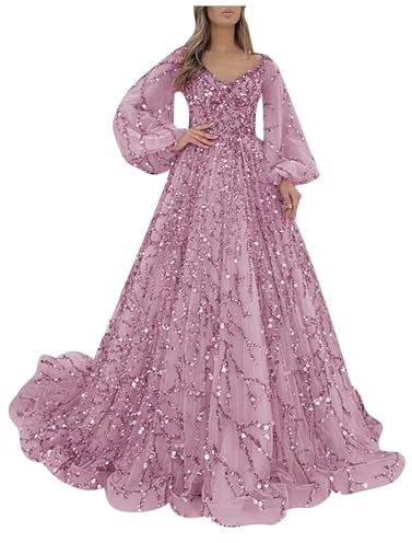 Vhersily 2026 Robe de Soirée Longue à Paillettes Plissée Ligne A Col En V Costumes de Princesse Gothique Strass Robes de Mariée Robes de Cérémonie à Manches Longues Robes de Demoiselle d'Honneur de