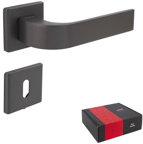 APECS Dörrhandtag innerdörrar modernt dörrhandtag för ytterdörr och innerdörr med fyrkantiga rosetter handtagsset med fästmaterial dörrbeslag kod Deco ULTRA H-60142 matt grafit BB – färgskägg