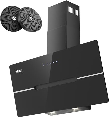 Hotte Aspirante 90cm, IsEasy Hotte Aspirante Inclinée Noir, 524 m³/h Classe A++, 3 Niveaux de Vitesse, Éclairage LED, Hotte Murale Évacuation ou Recyclage, Filtre à Charbon Inclus