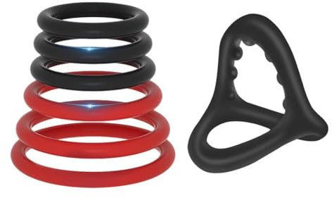MUNZE Cock Ring 6+1 Pezzi Anelli Pene Silicone 8 Dimensioni 22-39Mm Regolabile Giocattoli Sessuali Adulti Nero Rosso