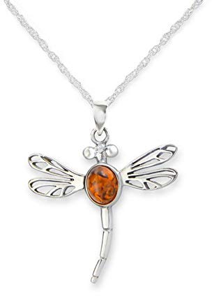 Outlander - Collana con ciondolo a forma di libellula, in argento Sterling 925, in metallo prezioso, design tradizionale scozzese, con vera ambra, Tutti, Ambra