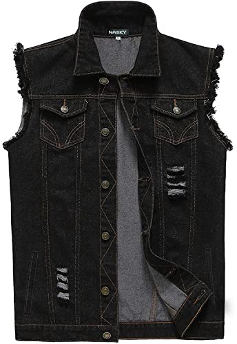 NASKY Men's Fit Retro Ripped Denim Vest Sleeveless Jean Vest And Jacket US XXX-Large Black
