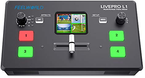FEELWORLD LIVEPRO L1 V1 Multiformat-Videomischer-Umschalter 4 x HDMI-Eingänge 2 Zoll LCD Display USB 3.0 Multikamera-Produktion Echtzeit-Live-Streaming Leichte Wärmeableitung