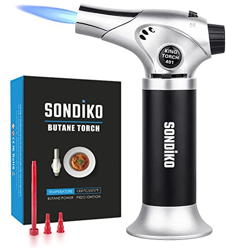 Sondiko Chalumeau de cuisine rechargeable avec serrure de sécurité, brûleur à gaz butane réglable, idéal pour la crème brûlée, la cuisson, la pâtisserie (butane non inclus)