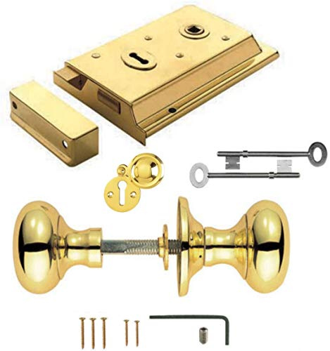 Ironmongery Hardware Online Polished Solid Brass Victorian Mushroom Rim Door Knobs & Solid Polished Brass Rim Sash Lock Set
