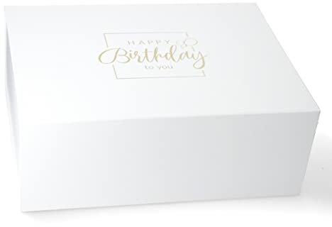 Premium Geschenkbox Geburtstag, Geschenkkarton, Magnetbox, Magnetfaltbox, Geschenkverpackung für Geburtstag mit Schriftzug, 40x30x15cm, Weiß mit Gold