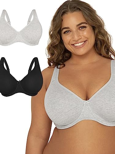 Fruit of The Loom Women's Cotton Unlined Underwire Bra 2 Pack Heather Grey/Black Hue 42G
