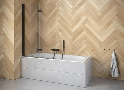 BADLAND Duschwand für Badewanne 100x145 Schwarz Badewannenabtrennung 2-teilig Lumix Gehärtetes Glas 5mm