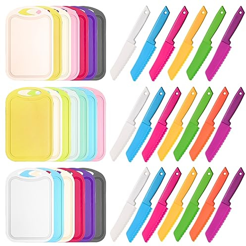 Dandat 60 Pcs Kids Knife Set Kids Plastic Knife with Cutting Board Toddler Knifes Serrated Edges Kids Chopping Board Kids Cooking Utensils for Salad Fruit Preschool Cooking Class Party