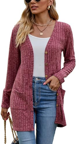 Famulily Women's Long Sleeve Open Front Cardigans, Button Down V Neck Lightweight Outwear Jumpers with Pockets, Solid Rayon Polyester Spandex, S-XXL, Beige/Black/Blue/Army Green/Khaki/Red/Wine